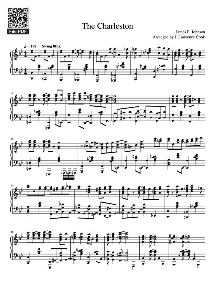 Page 1 of the piano sheet music PDF Piano – The Charleston Piano by James P. Johnson