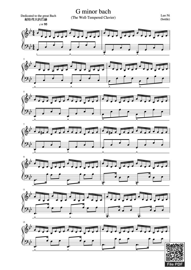 Page 1 of the piano sheet music PDF Piano – G Minor Bach Piano by Luo Ni (bottle