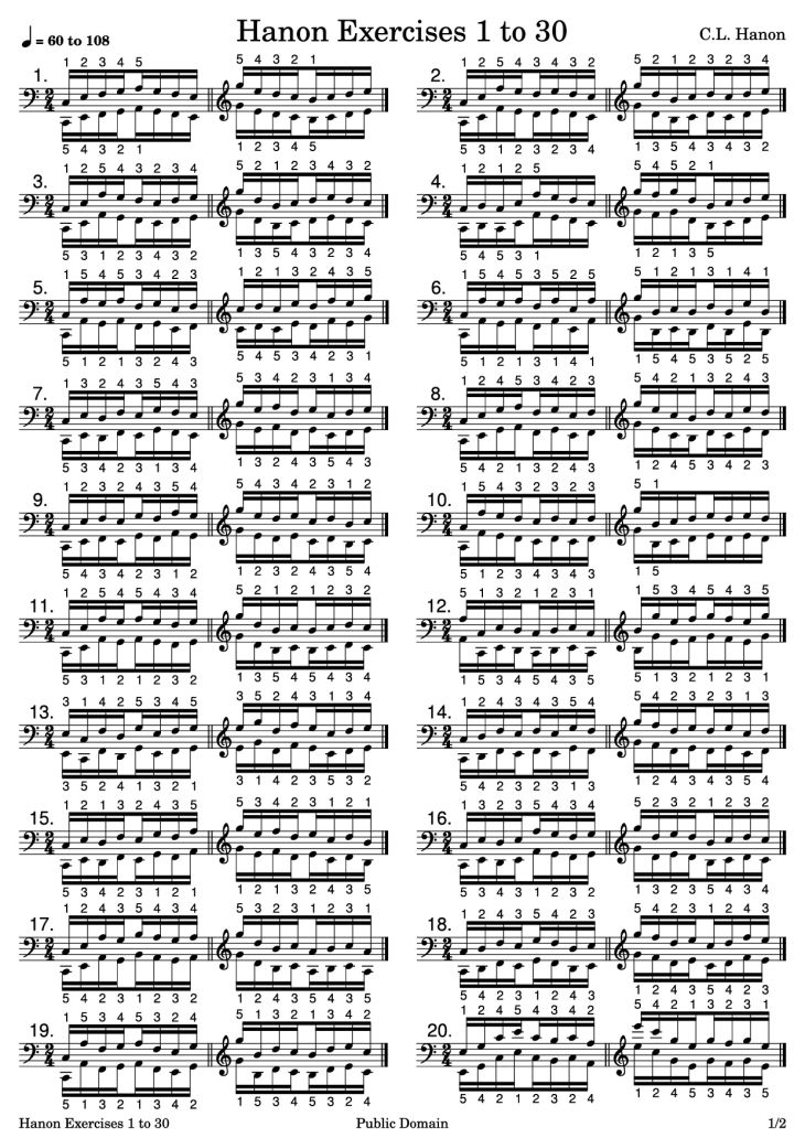 Page 1 of the piano sheet music PDF Piano – Hanon Exercises 1 to 30 Piano by C.L. Hanon