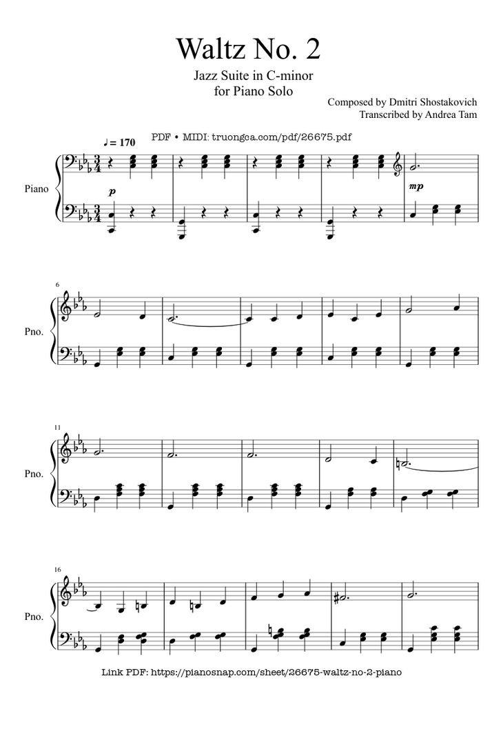 Page 1 of the piano sheet music PDF – Waltz No. 2 Shostakovich Piano by Composed by Dmitri Shostakovich Transcribed by Andrea Tam