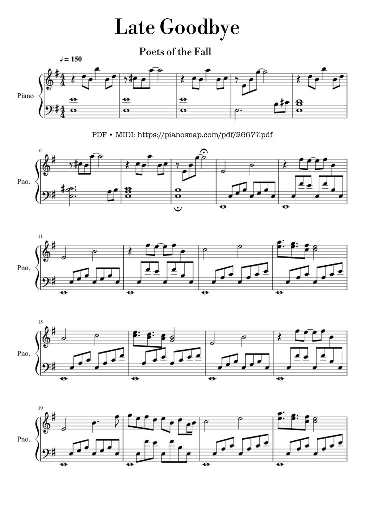 Page 1 of the piano sheet music PDF Piano – Late Goodbye Piano by Poets of the Fall