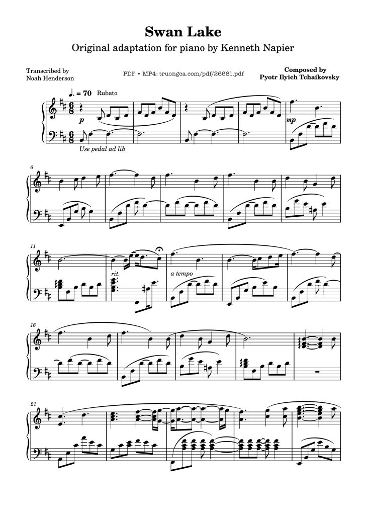 Page 1 of the piano sheet music PDF Piano – Swan Lake Piano by Pyotr Ilyich Tchaikovsky