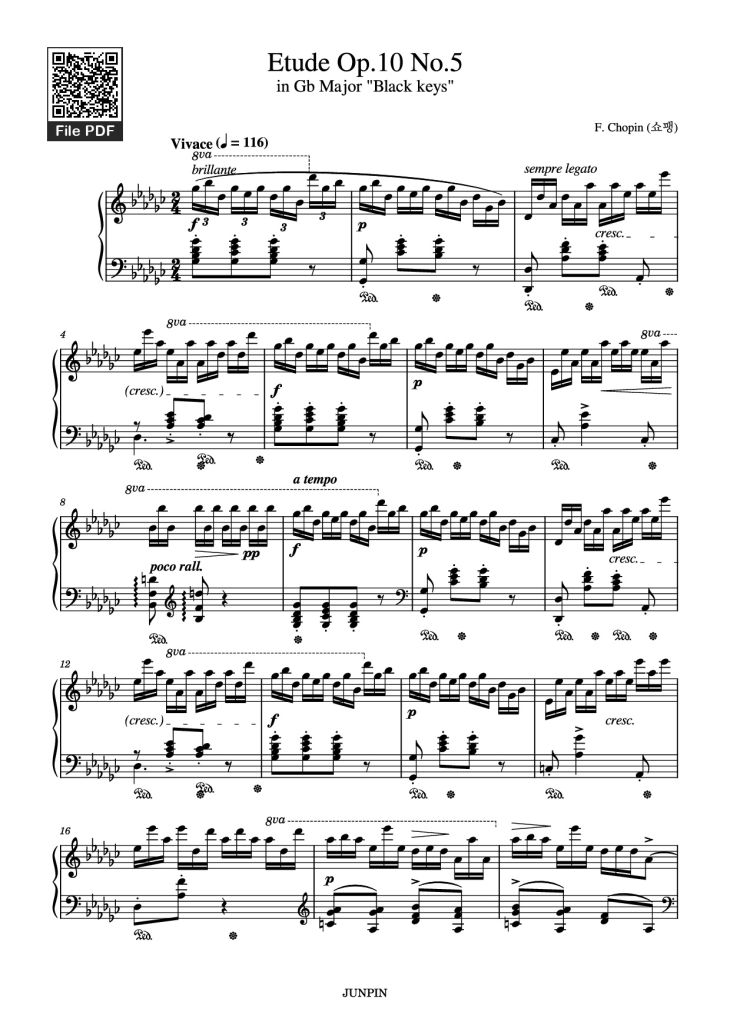 Page 1 of the piano sheet music PDF – Etude Op.10 No.5 in Gb Major "Black keys" Piano by Chopin 