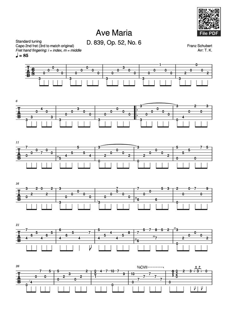 Page 1 of the piano sheet music PDF Guitar Tab – Ave Maria Guitar TAB by Franz Schubert