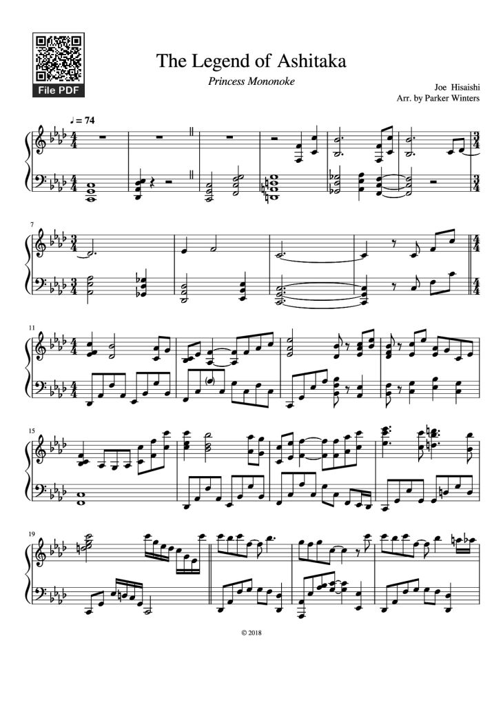 Page 1 of the piano sheet music PDF Piano – The Legend of Ashitaka Piano by Joe Hisaishi Arr. by Parker Winters