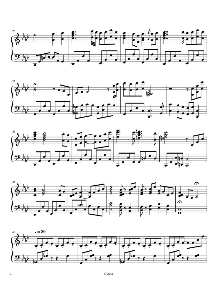 Page 2 of the piano sheet music PDF Piano – The Legend of Ashitaka Piano by Joe Hisaishi Arr. by Parker Winters