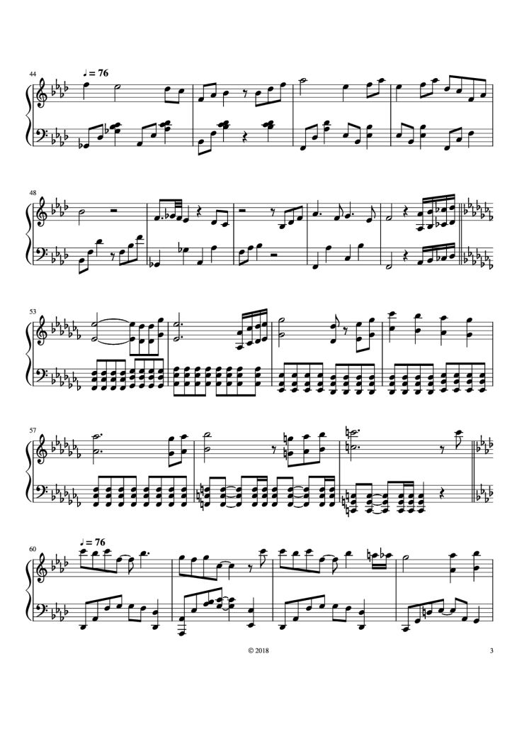 Page 3 of the piano sheet music PDF Piano – The Legend of Ashitaka Piano by Joe Hisaishi Arr. by Parker Winters