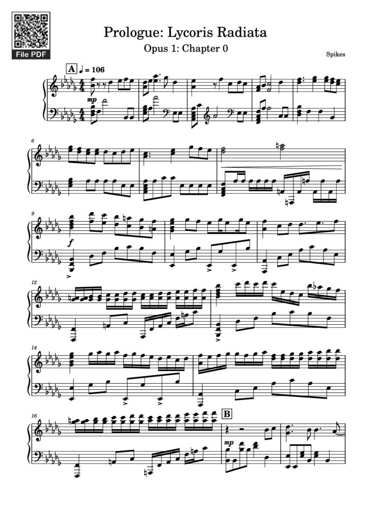 Page 1 of the piano sheet music PDF Piano – Prologue: Lycoris Radiata Piano by Spikes