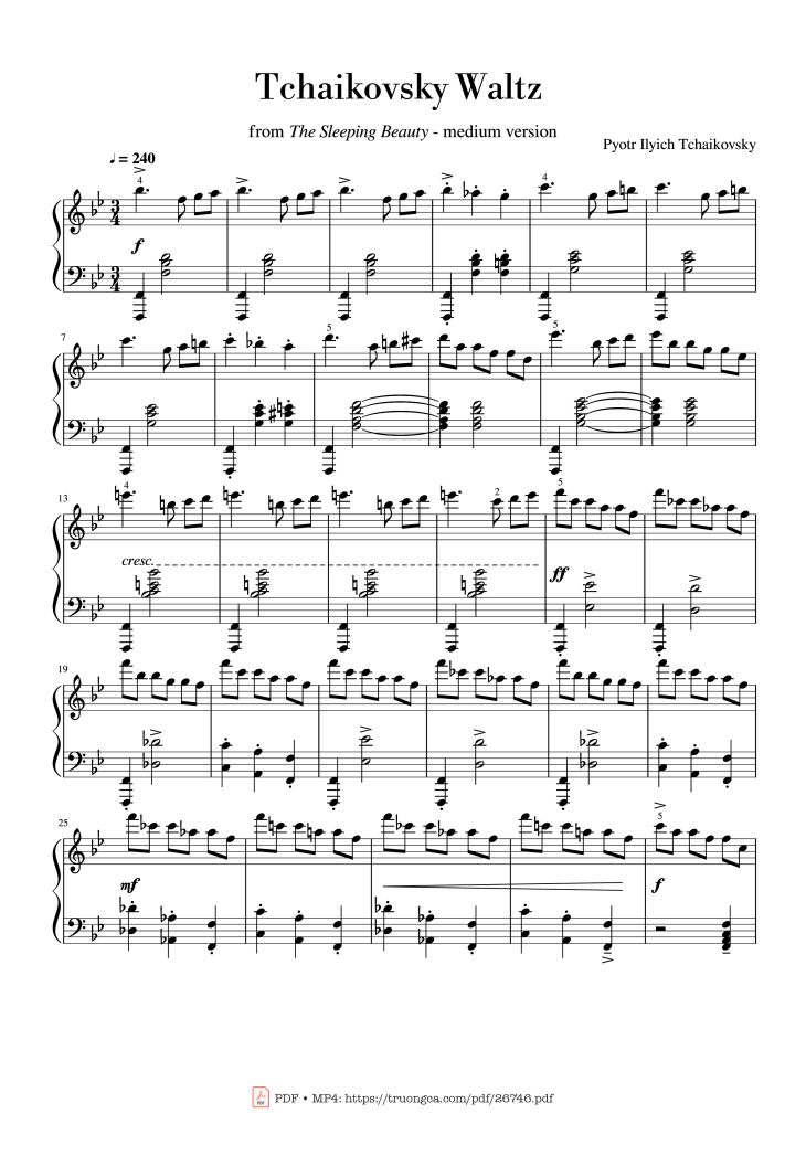 Page 1 of the piano sheet music PDF Piano – Tchaikovsky Waltz from "The Sleeping Beauty" Piano by Pyotr Ilyich Tchaikovsky