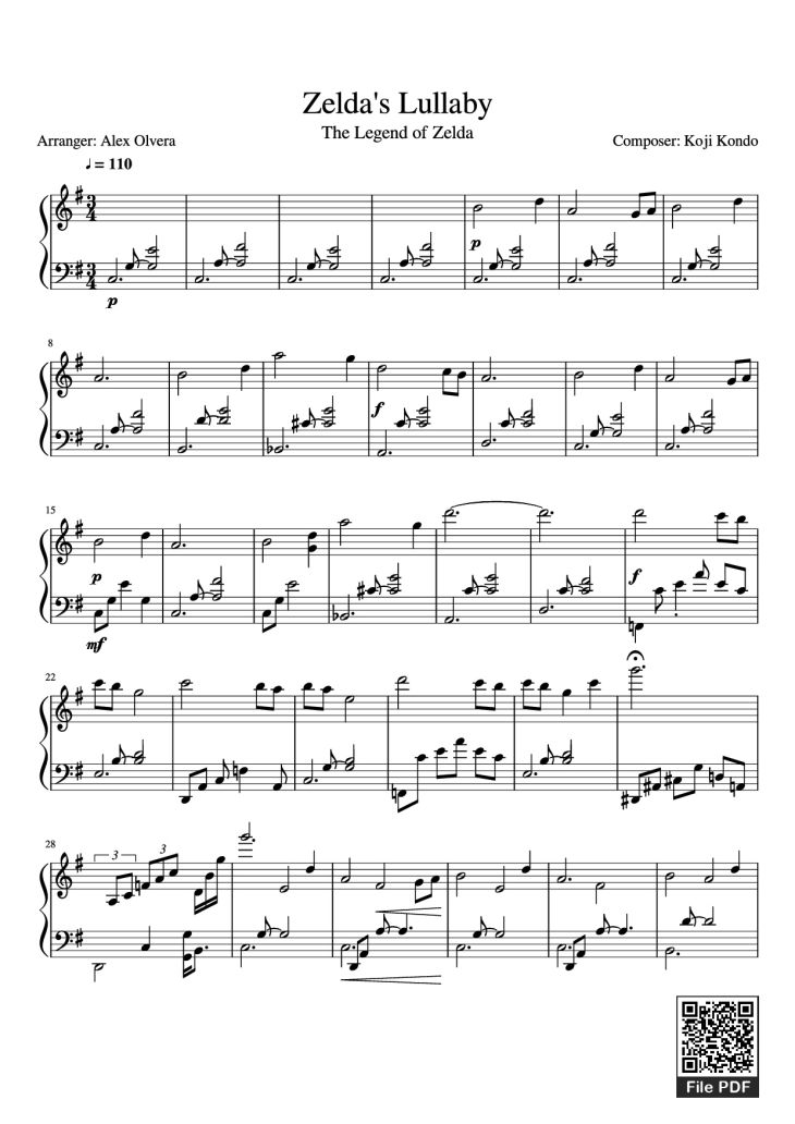 Page 1 of the piano sheet music PDF Piano – Zelda