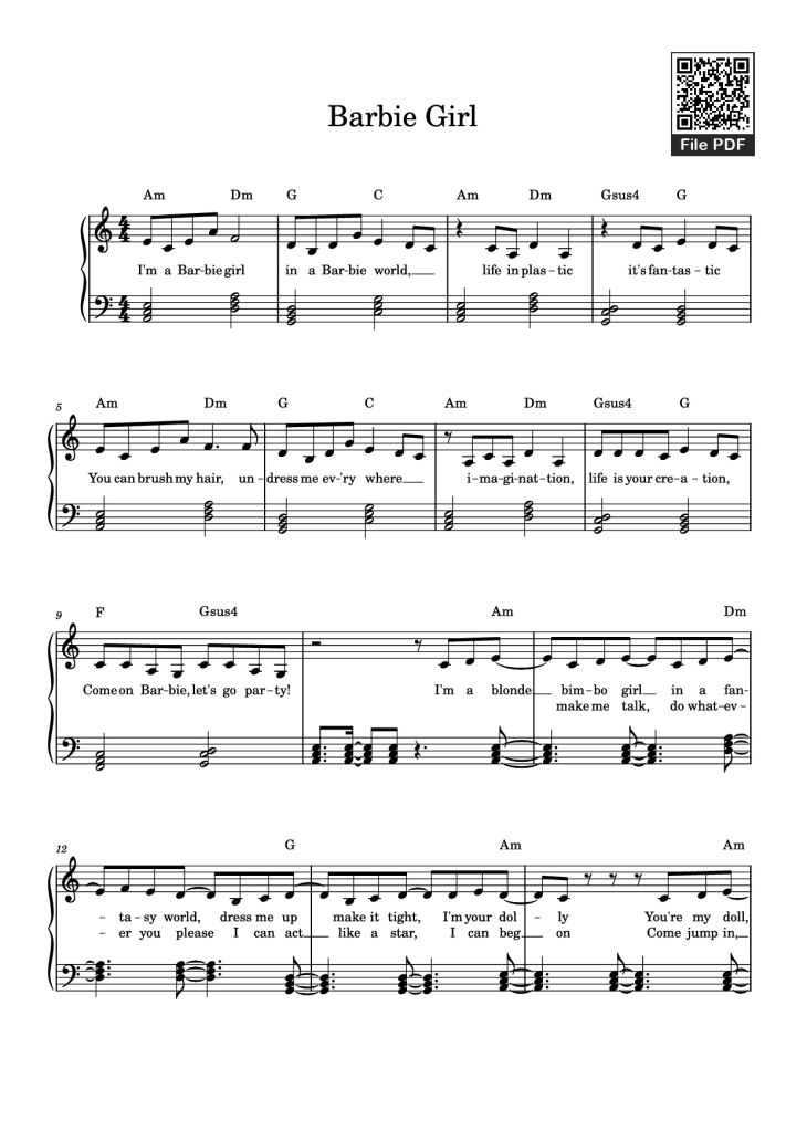 Page 1 of the piano sheet music PDF Piano – Barbie Girl Piano by Aqua