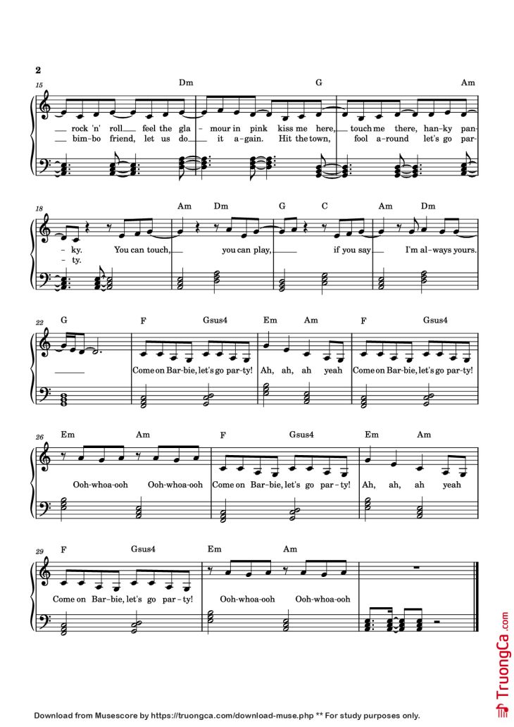 Page 2 of the piano sheet music PDF Piano – Barbie Girl Piano by Aqua