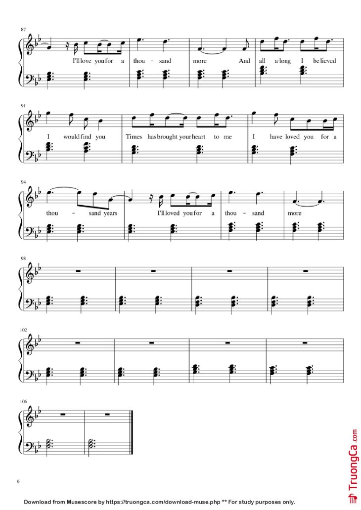 Page 6 of the piano sheet music PDF Piano – A Thousand Years Piano by Christiana Perri