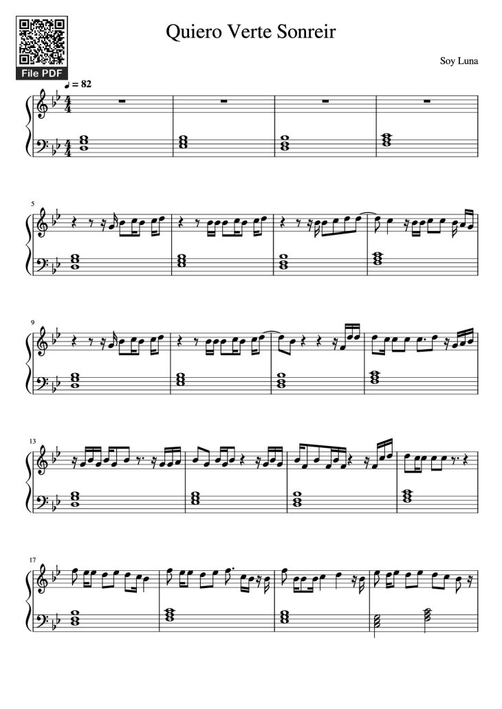 Page 1 of the piano sheet music PDF Piano – Quiero Verte Sonreir Piano by Soy Luna