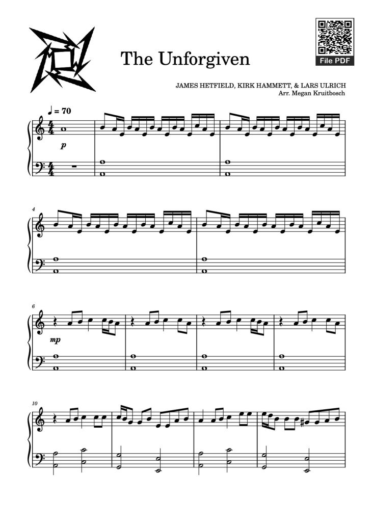 Page 1 of the piano sheet music PDF Piano – The Unforgiven Piano by JAMES HETFIELD, KIRK HAMMETT, & LARS ULRICH