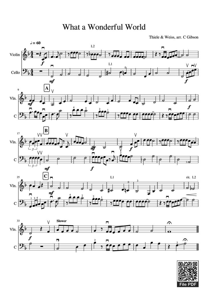 Page 1 of the piano sheet music PDF – What a Wonderful World Violin by Thiele & Weiss, arr. C Gibson
