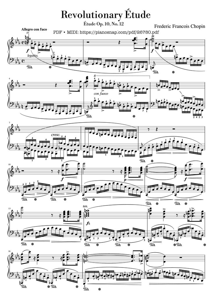 Page 1 of the piano sheet music PDF Piano – Etude Op.10 No.12 Revolutionary by Frederic Francois Chopin