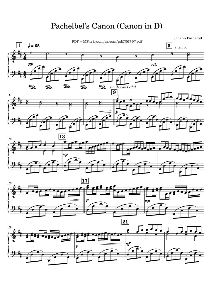 Page 1 of the piano sheet music PDF Piano – Pachelbel