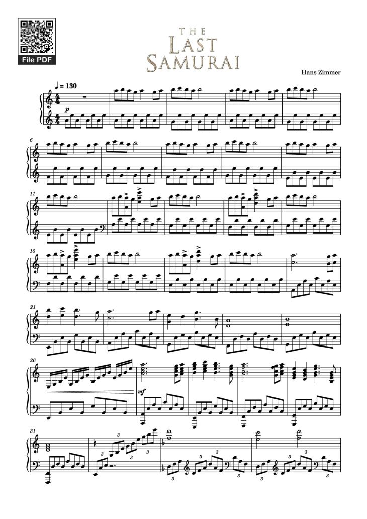 Page 1 of the piano sheet music PDF Piano – The Last Samurai Piano by Hans Zimmer