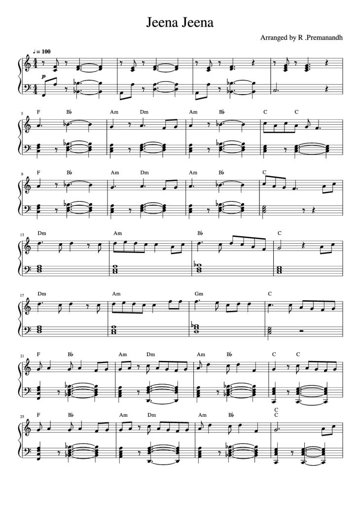Page 1 of the piano sheet music PDF Piano – Jeena Jeena Piano by Arranged by R .Premanandh