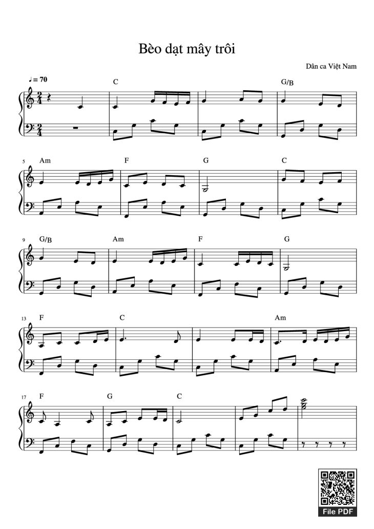 Page 1 of the piano sheet music PDF Piano – Bèo dạt mây trôi Piano by Dân ca Việt Nam
