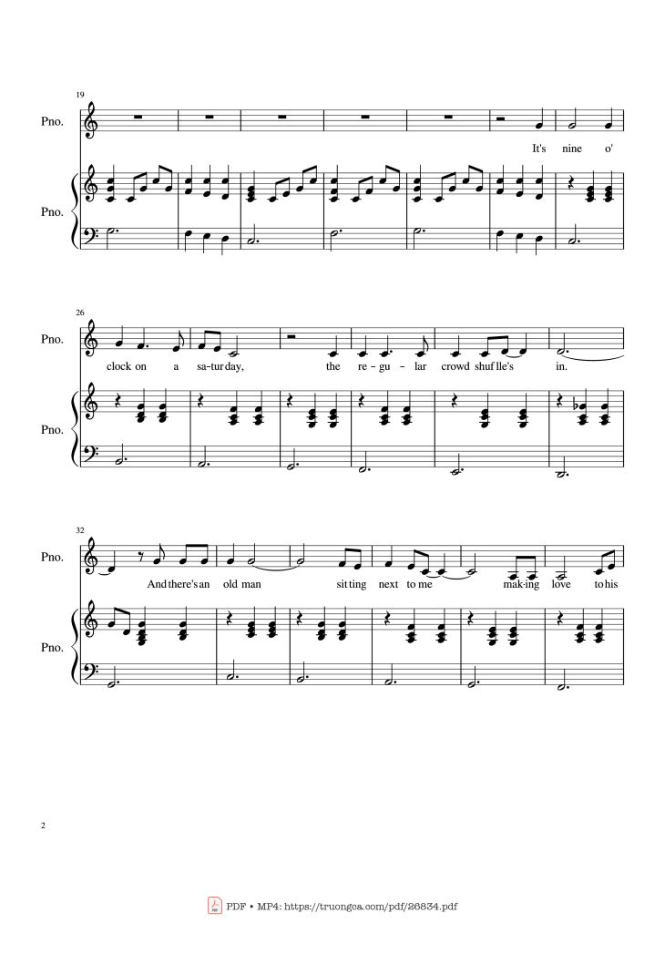 Page 2 of the piano sheet music PDF Piano – Piano Man (Vocal-Piano) by Words and Music by Billy Joel