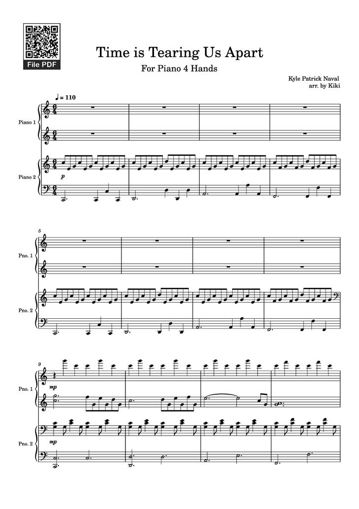 Page 1 of the piano sheet music PDF Piano – Time is Tearing Us Apart Piano by Kyle Patrick Naval