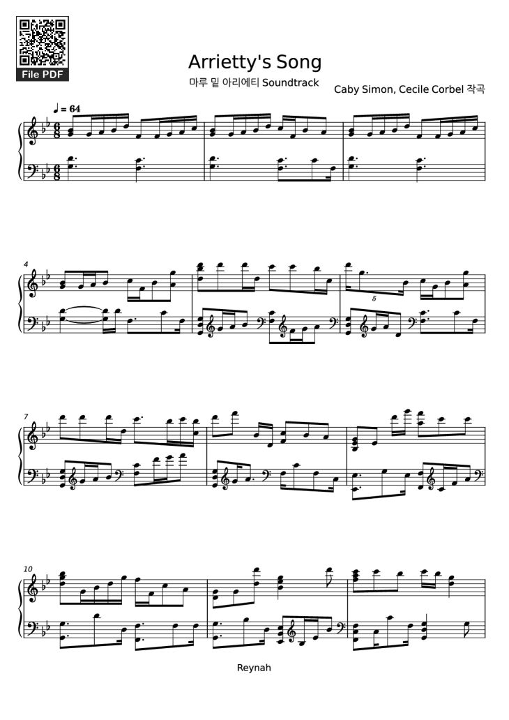 Page 1 of the piano sheet music PDF Piano – Arrietty