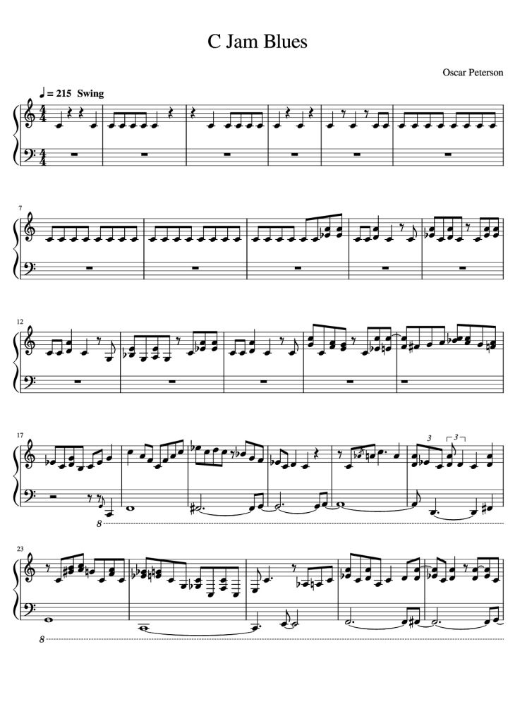 Page 1 of the piano sheet music PDF Piano – C Jam Blues Piano by Oscar Peterson