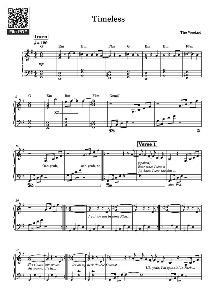 Page 1 of the piano sheet music PDF Piano – Timeless Piano by The Weeknd