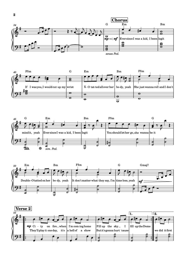 Page 2 of the piano sheet music PDF Piano – Timeless Piano by The Weeknd
