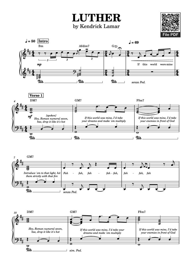 Page 1 of the piano sheet music PDF Piano – LUTHER Piano by Kendrick Lamar