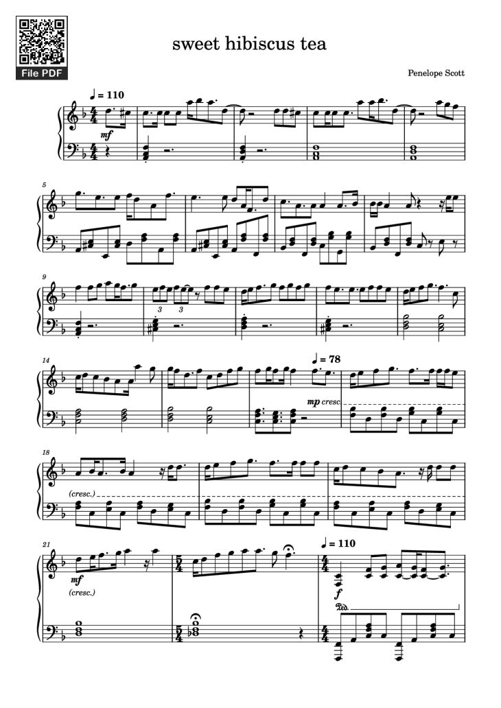 Page 1 of the piano sheet music PDF Piano – sweet hibiscus tea Piano by Penelope Scott