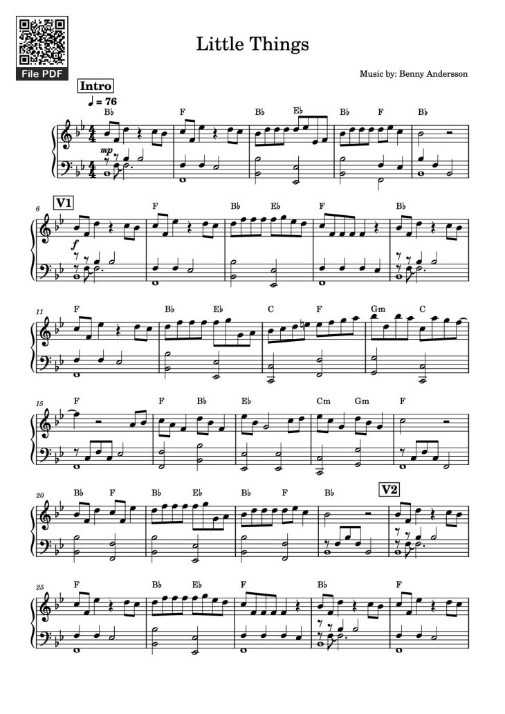 Page 1 of the piano sheet music PDF Piano – Little Things Piano by Music by: Benny Andersson
