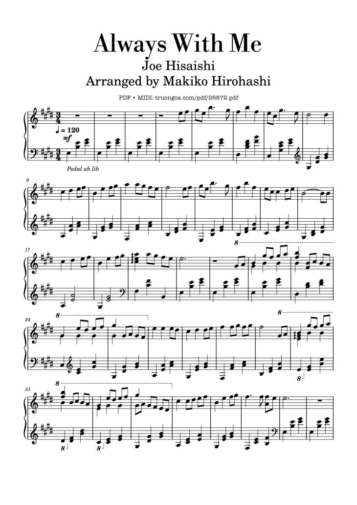 Page 1 of the piano sheet music PDF Piano – Always With Me by Joe Hisaishi