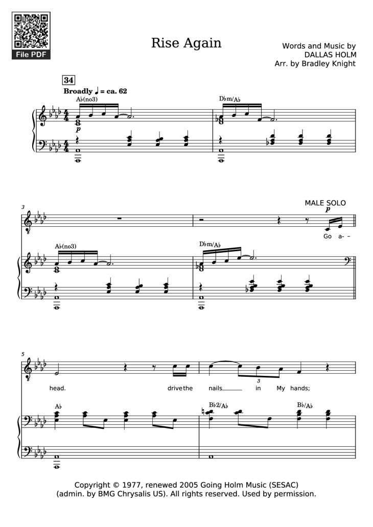 Page 1 of the piano sheet music PDF Piano – Rise Again Piano by Words and Music by
