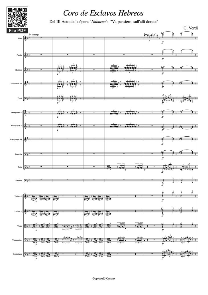 Page 1 of the piano sheet music PDF – Coro de Esclavos Hebreos by G. Verdi