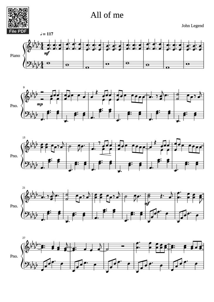 Page 1 of the piano sheet music PDF Piano – All of me Piano by John Legend