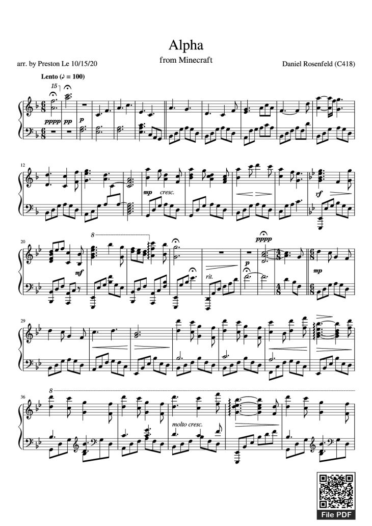 Page 1 of the piano sheet music PDF Piano – Alpha Piano by Daniel Rosenfeld