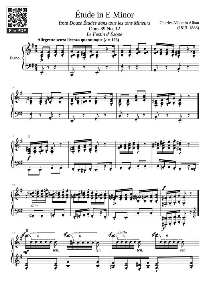 Page 1 of the piano sheet music PDF Piano – Étude in E Minor Piano by Charles-Valentin Alkan