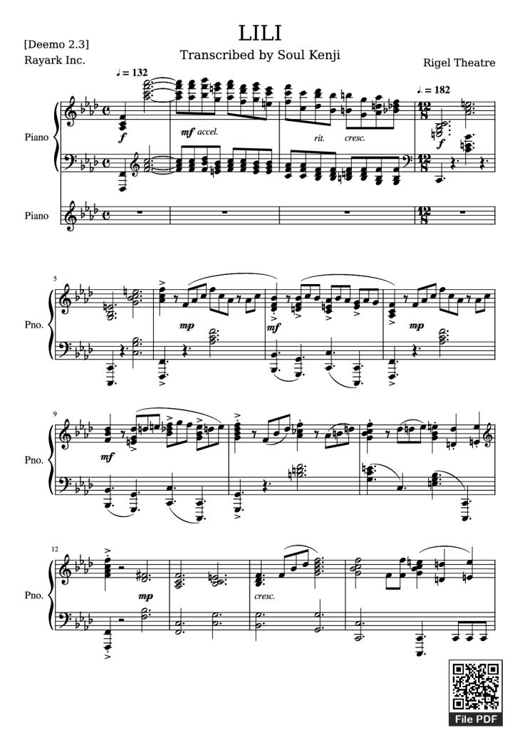 Page 1 of the piano sheet music PDF Piano – LILI Piano by Rigel Theatre