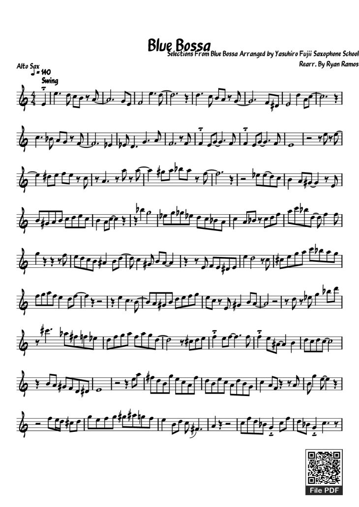 Page 1 of the piano sheet music PDF Piano – Blue Bossa Piano by Selections From Blue Bossa Arranged by Yasuhiro Fujii Saxophone School