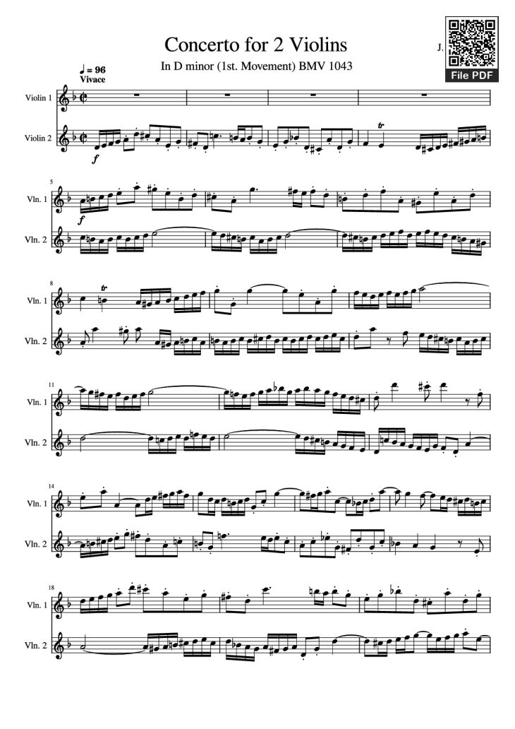 Page 1 of the piano sheet music PDF – Concerto for 2 Violins by J. S. Bach
