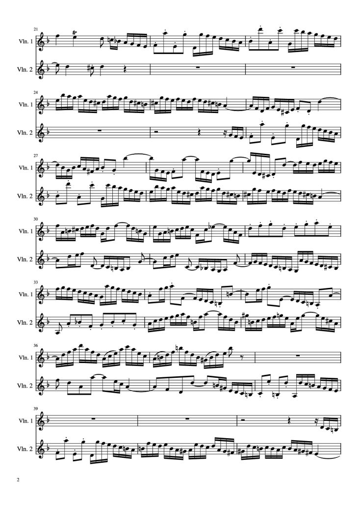 Page 2 of the piano sheet music PDF – Concerto for 2 Violins by J. S. Bach
