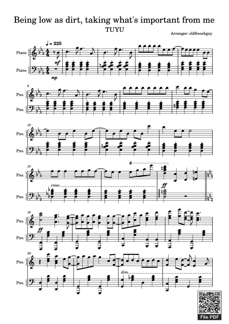 Page 1 of the piano sheet music PDF Piano – Being low as dirt, taking what