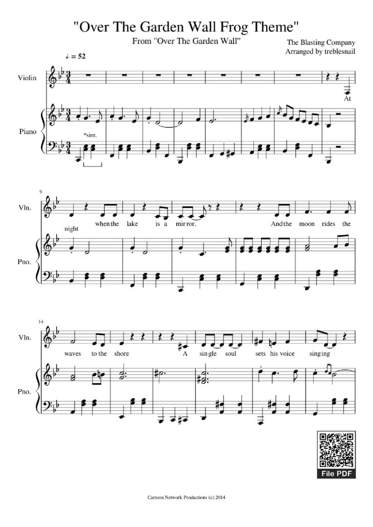 Page 1 of the piano sheet music PDF Piano – Over The Garden Wall Frog Theme Piano by The Blasting Company Arranged by treblesnail