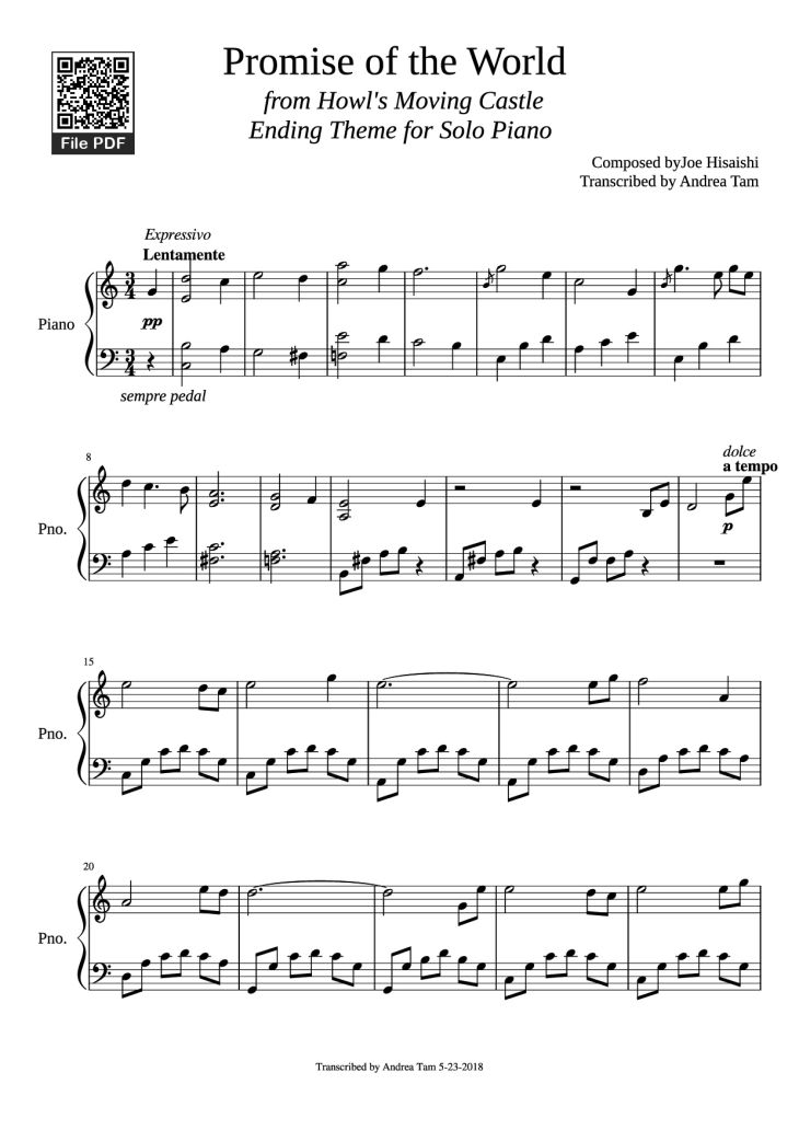 Page 1 of the piano sheet music PDF Piano – Promise of the World Piano by Composed byJoe Hisaishi Transcribed by Andrea Tam