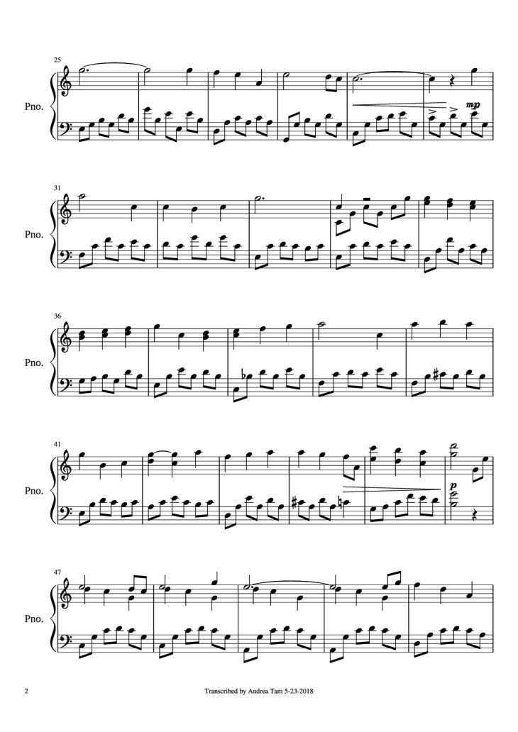 Page 2 of the piano sheet music PDF Piano – Promise of the World Piano by Composed byJoe Hisaishi Transcribed by Andrea Tam