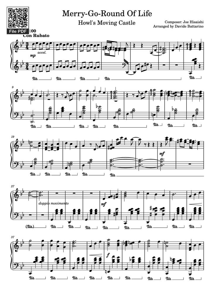 Page 1 of the piano sheet music PDF Piano – Merry-Go-Round Of Life Piano by Composer: Joe Hisaishi