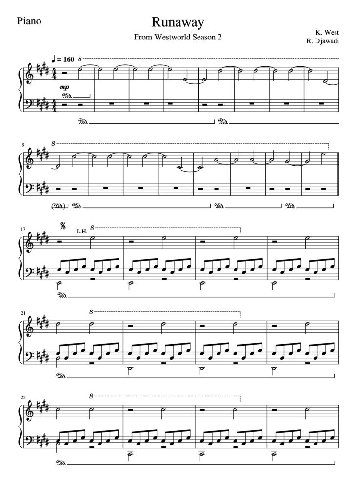 Page 1 of the piano sheet music PDF Piano – Runaway Piano by K. West